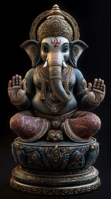 Ganesha idol shows ornate gold detailing and rich color.