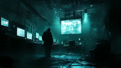 Silhouetted figure in dim cyber control room with monitors.