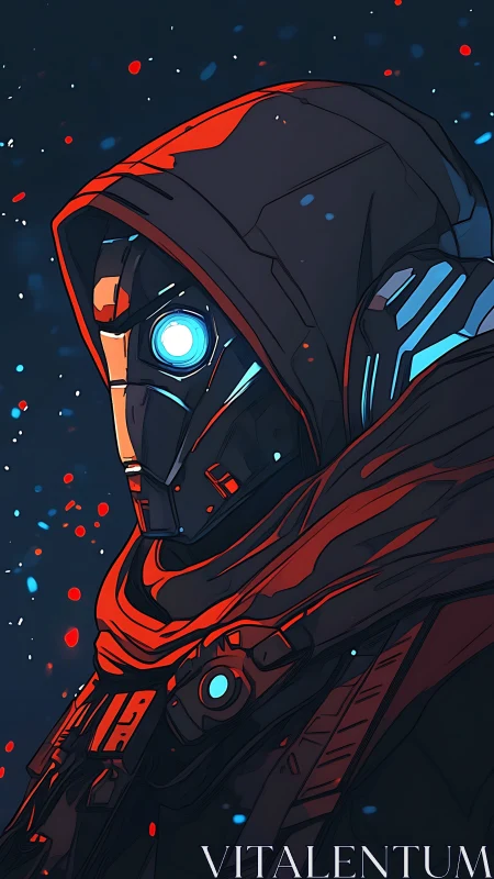 Hooded cybernetic assassin portrait in neon-lit profile.