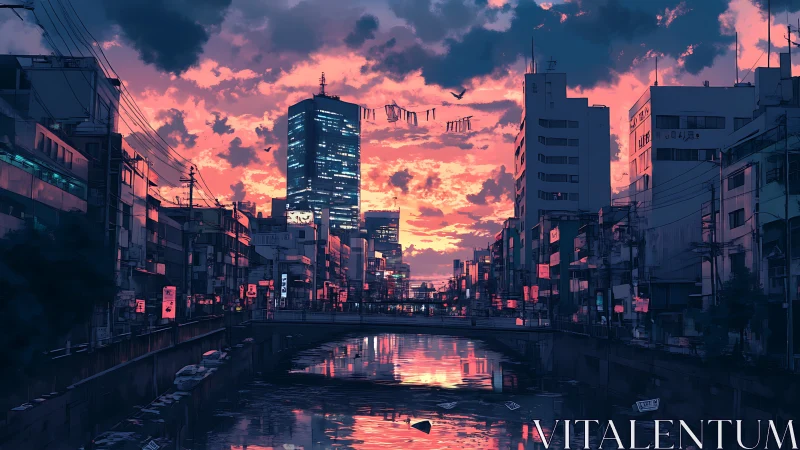 Urban canal at dusk with high-rise and dense city blocks.