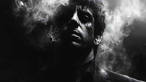 Brooding man in smoke clouded monochrome portrait.