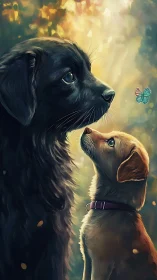 Two digitally rendered dogs observe a butterfly in soft light