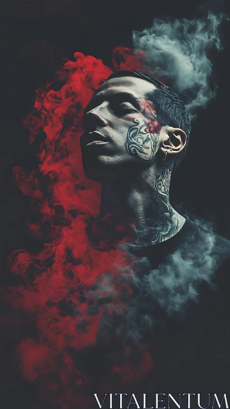 Tattooed silhouette amid red and blue drifting smoke clouds.