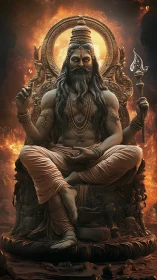 Fire-ringed sage king on molten throne of divine calm.