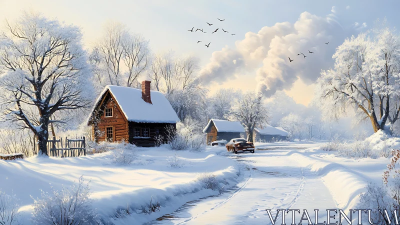 Digital painting of rustic cabins in luminous winter landscape.