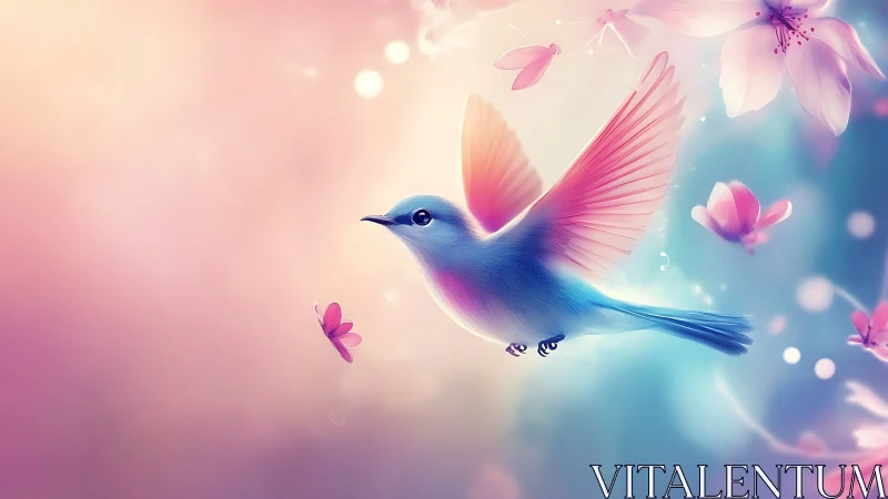 Pastel songbird glides through luminous cherry blossoms.