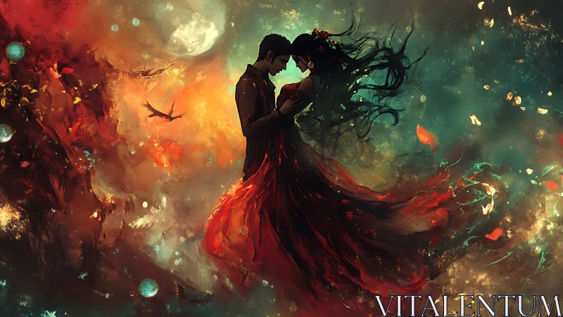 Ethereal Couple Embracing in Fiery Cosmic Dreamscape
