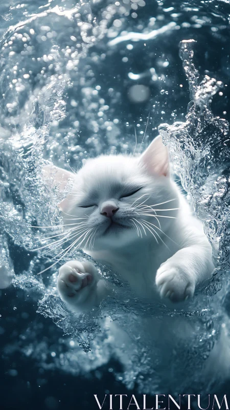 White Cat Submerged in Cascading Water with Bokeh Effects