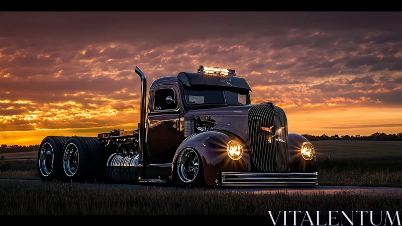 Low-slung custom semi truck rendered in high-gloss sunset lighting