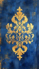 Central gold ornamental motif is rendered on textured blue field