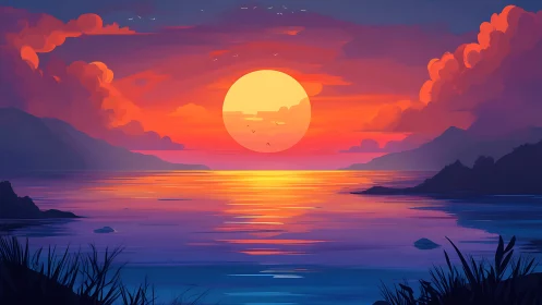 Radiant coastal sunset with stylized clouds and reflections.