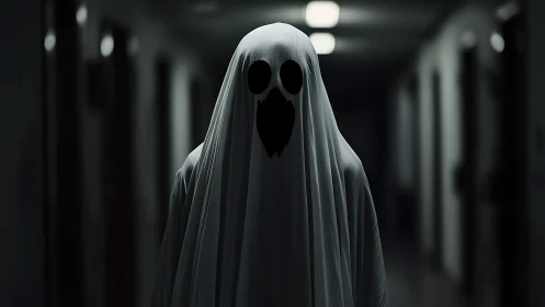 Ghostly figure haunts a dim corridor in eerie silence