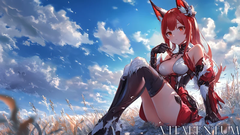 Fox-eared warrior in high-detail anime rendering under dynamic sky