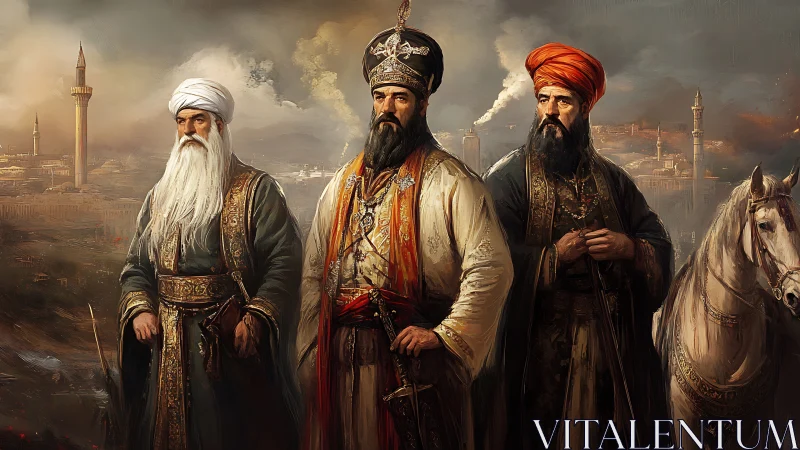 Ottoman-era leaders standing before distant cityscape.