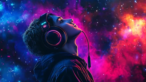 Stargazing Listener Drowned In Neon Galactic Soundscapes.