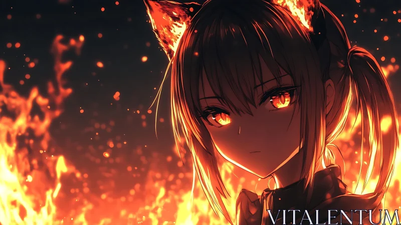 Foxfire gaze holds the inferno still around her quiet face