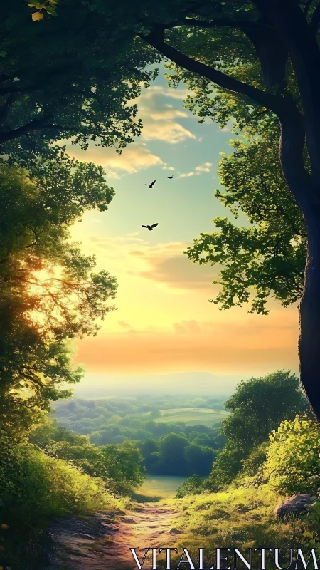 Forest Portal Awakens: Where Ancient Trees Frame a Golden Sky.