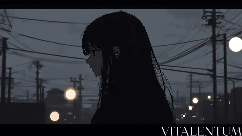 Girl walks through dim urban street under tangled wires