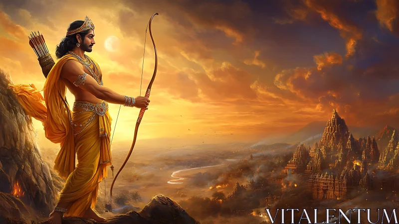 Epic archer prince overlooking burning mythic temple city at dusk