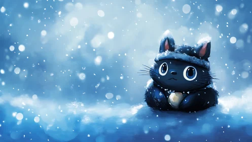 Snow-covered black cat character rendered in soft blue bokeh snowfall
