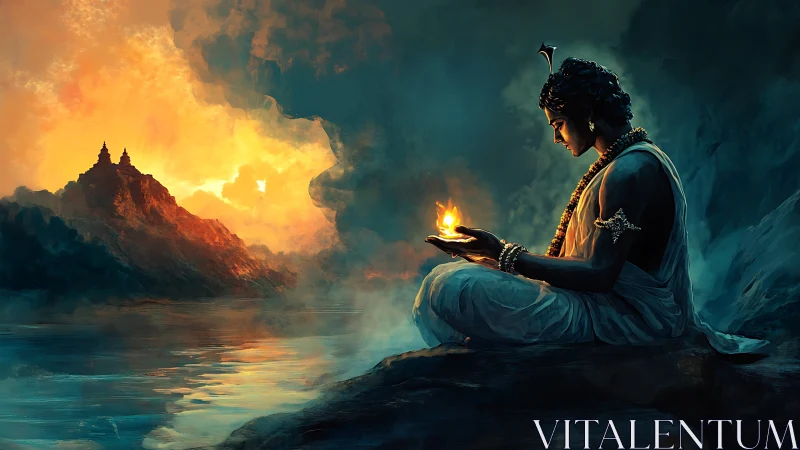 Meditative deity with hand-held flame beside reflective river