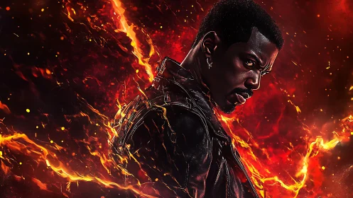 Brooding warrior stands amid swirling fiery energy storm