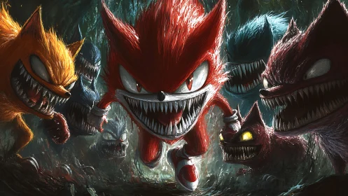 Multiple stylized creatures with sharp teeth advance forward