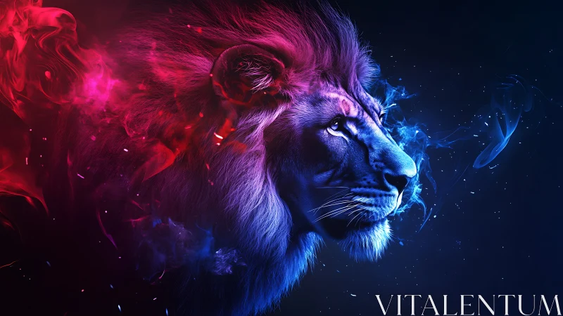 Neon lion profile glows through red and blue cosmic smoke