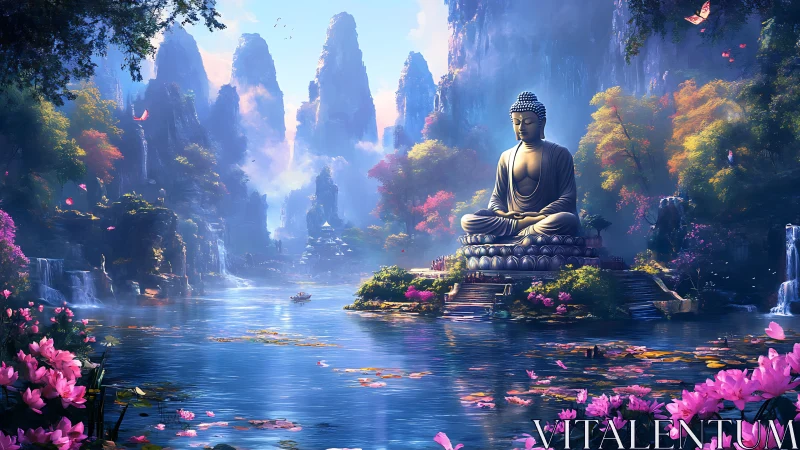 Buddha statue amid river, mountains and lush foliage.