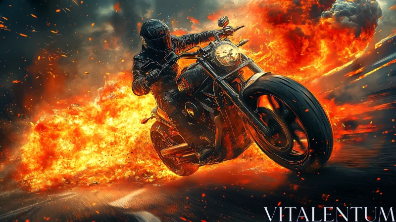 Motorcyclist cornering through explosive firestorm, high speed