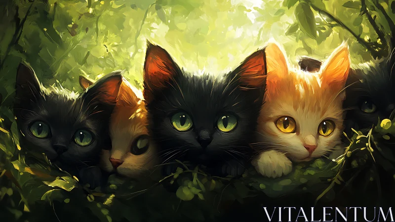 Three Forest Cats with Luminous Eyes in Verdant Woodland.