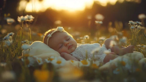 Golden-hour infant portrait captures tranquil floral slumber