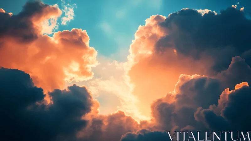Sunlit cumulus clouds framing bright blue sky portal.