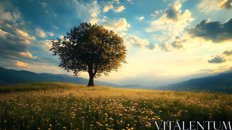Solitary oak crowns wildflower meadow at golden sunset.
