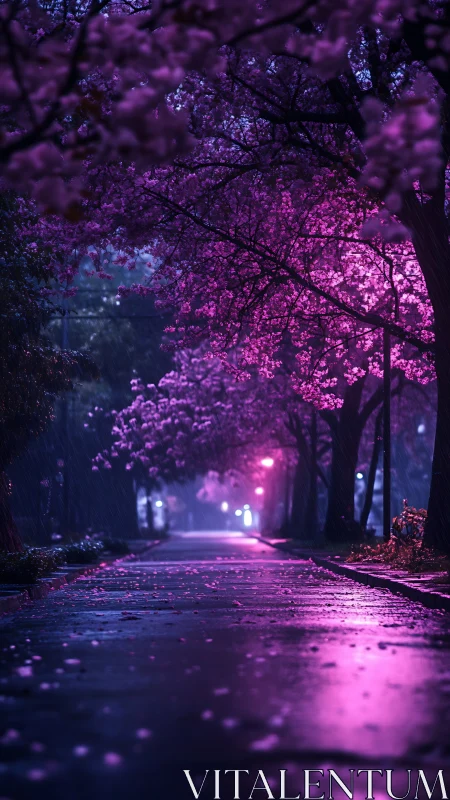 Tree lined path with magenta blossoms under wet pavement light.