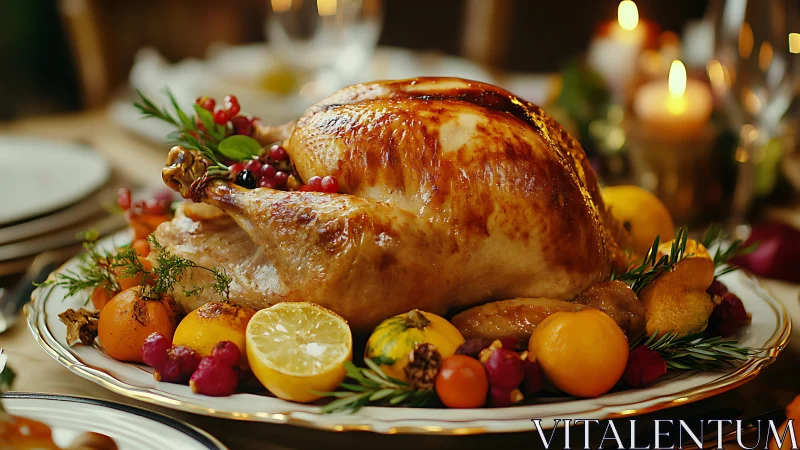 Roast turkey rests on platter with citrus garnish and herbs