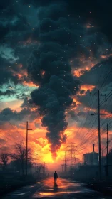 Solitary figure beneath apocalyptic industrial firestorm sky.