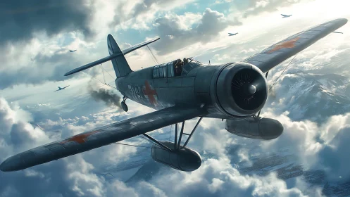 Storm-worn biplane limps through ice-bright war clouds.