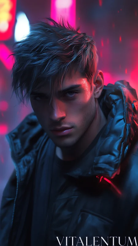 Neon storm drifter in rainlit cyber alleyway glare.