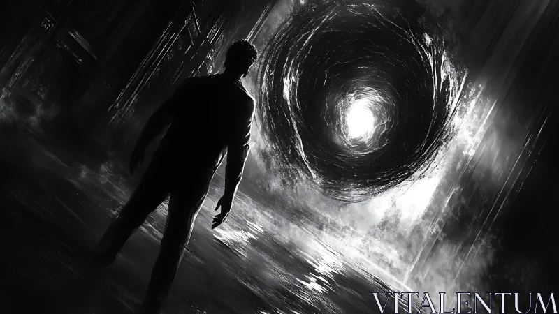 A lone wanderer approaches a swirling portal of stark light