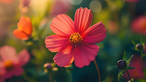 Vibrant Red Cosmos Flower in Full Bloom