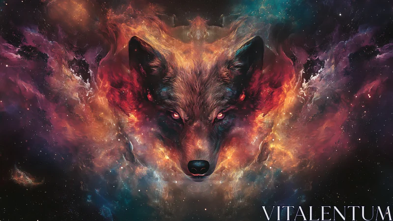 Cosmic wolf spirit emerging from swirling stardust clouds.