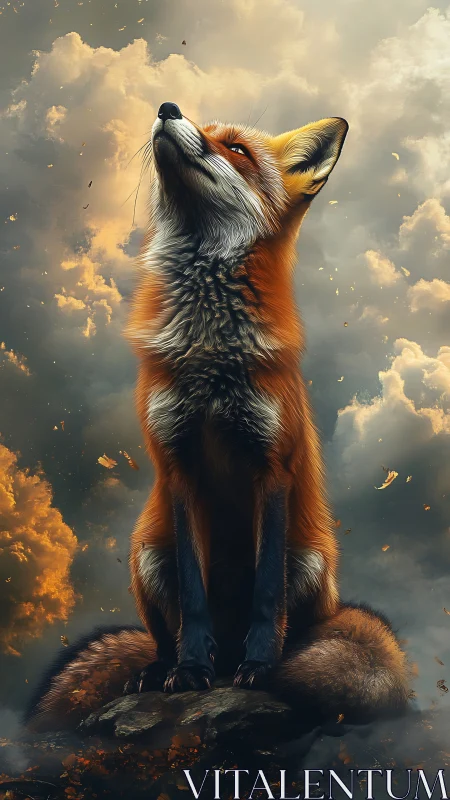 Proud fox lifts its gaze toward warm, stormy evening skies