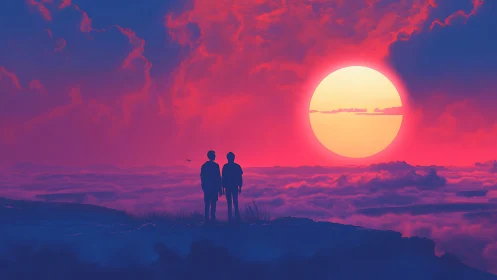 Silhouetted figures observe oversized sun above cloud sea