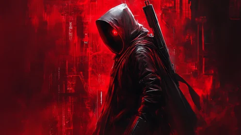 Red-spectral hooded operative in cybernetic urban rupture.