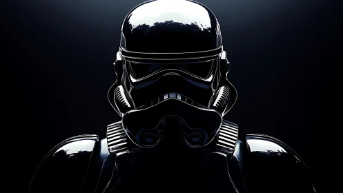 Glossy sci fi helmet glowing softly in the darkness.