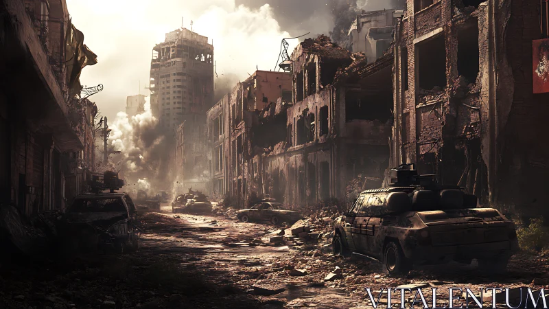 War-torn urban boulevard with armored vehicles and smoke plumes.
