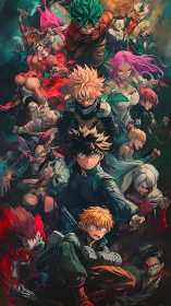 Unstoppable anime heroes surging forward in vivid chaos.