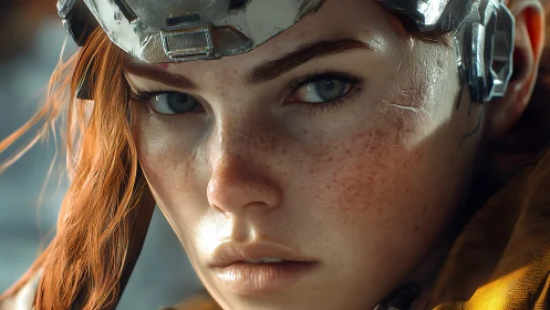 Close cybernetic portrait shows detailed freckled face