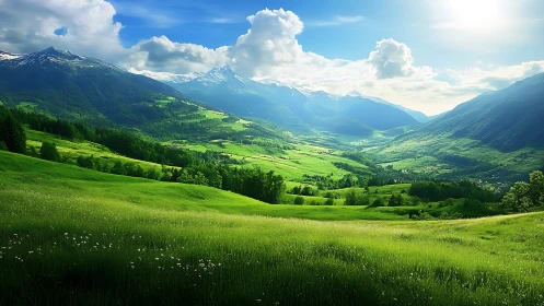 Sunlit green valley unfolds beneath snowcapped mountain range